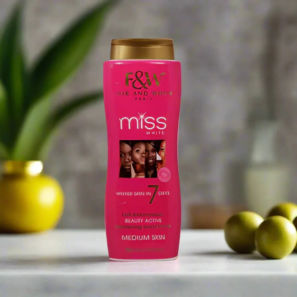 Fair & White Miss White Body Lotion 500 ml bottle with white and pink packaging, featuring the brand logo and product details.
