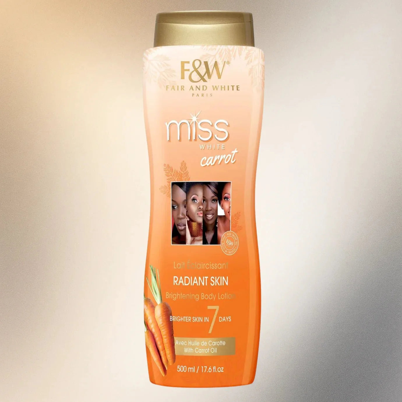 Fair & White Miss White Carrot Body Lotion 500ml bottle with orange and white label, moisturizing skincare product.
