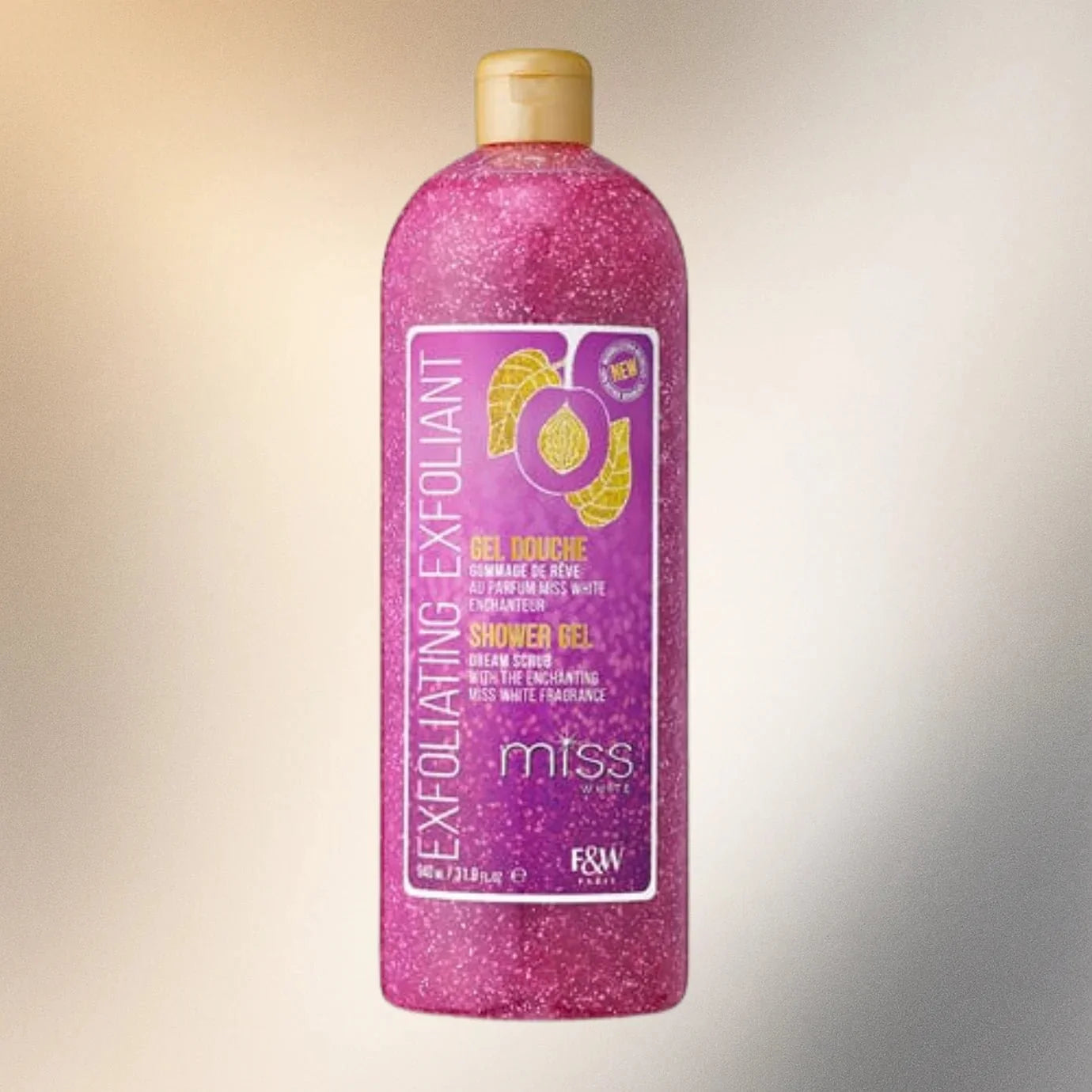 Fair & White Miss White Shower Gel 940ml bottle with white and pink packaging, designed for cleansing and brightening skin.
