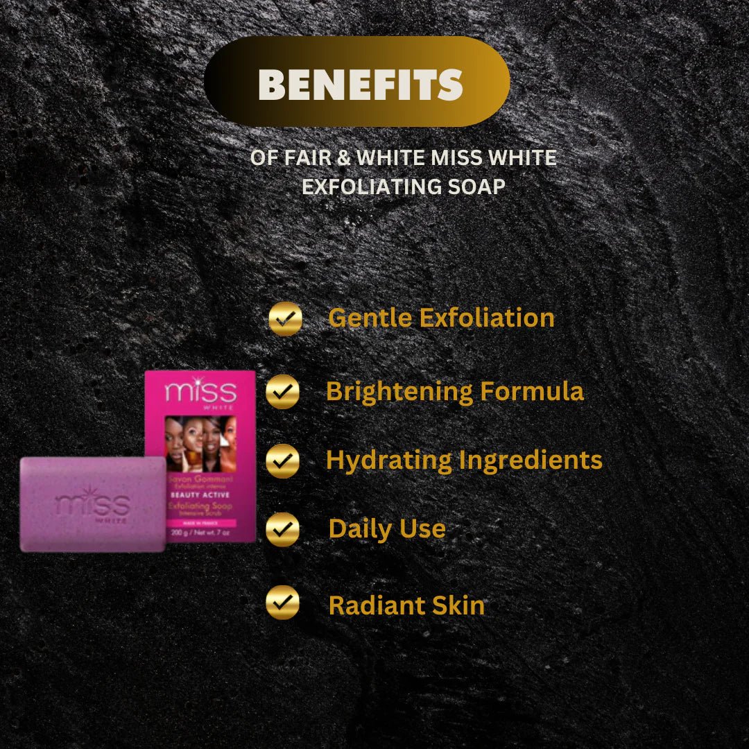 Fair & White Miss White Soap with Vitamin E, 7 oz, featuring a white soap bar with brand label and packaging.