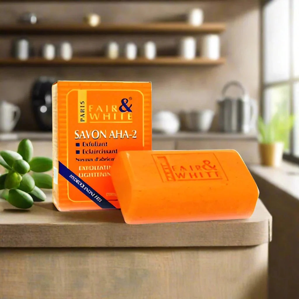 Fair & White Original AHA-2 Soap 7 oz bar with white and blue packaging, designed for skin cleansing and exfoliation.