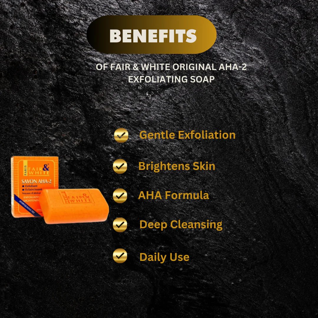 Fair & White Original AHA-2 Soap 7 oz bar, showing its packaging and label with white and blue design.