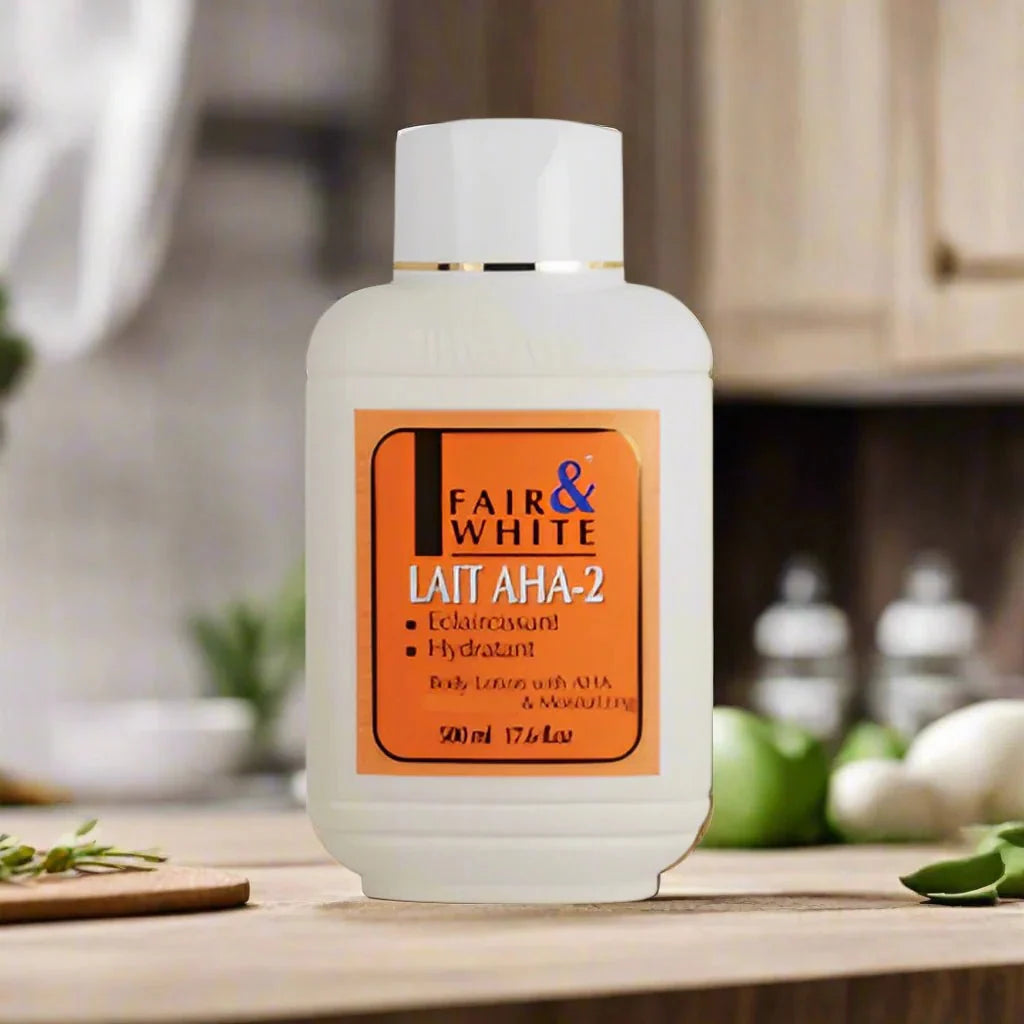 Fair & White Original AHA Body Lotion with Lactic Acid, 17 oz, creamy white lotion in a pump bottle, designed for skin exfoliation.