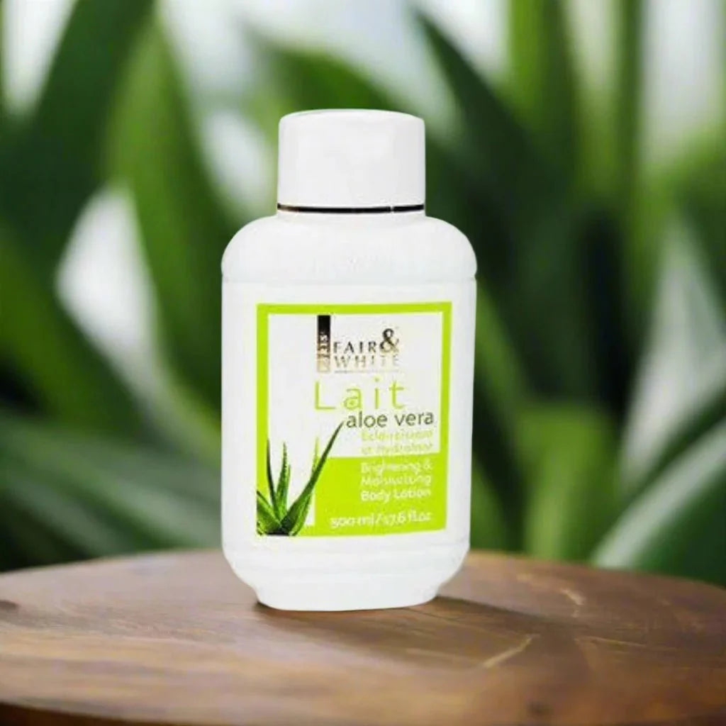 Fair & White Aloe Vera Moisturizing Lotion in a 17.6 oz bottle, featuring clear, hydrating aloe vera for smooth skin.