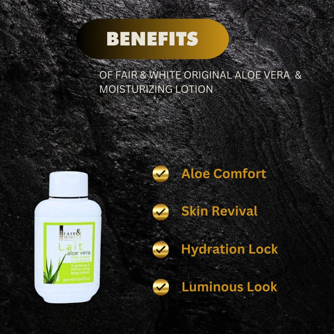 Fair & White Aloe Vera Moisturizing Lotion bottle, 17.6 oz, clear and creamy texture, designed for nourishing skin.