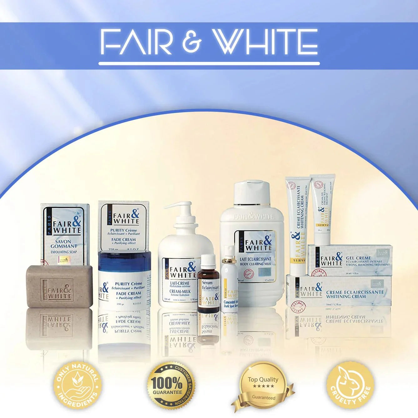 Fair & White Original Body Milk Lotion bottle, 17 oz (500 ml), with white and pink packaging, smooth lotion visible in the image.