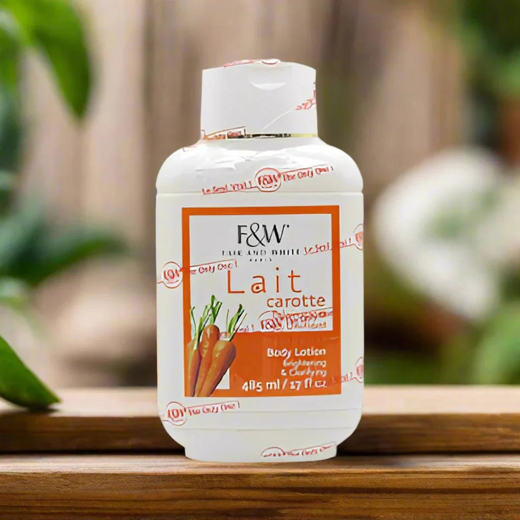 Fair & White Original Carrot Body Lotion bottle, 485 ml, with orange and white packaging featuring carrot imagery and brand logo.