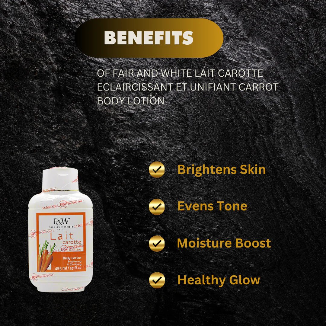 Fair & White Original Carrot Body Lotion 485ml bottle with label, featuring orange and white packaging and product details.