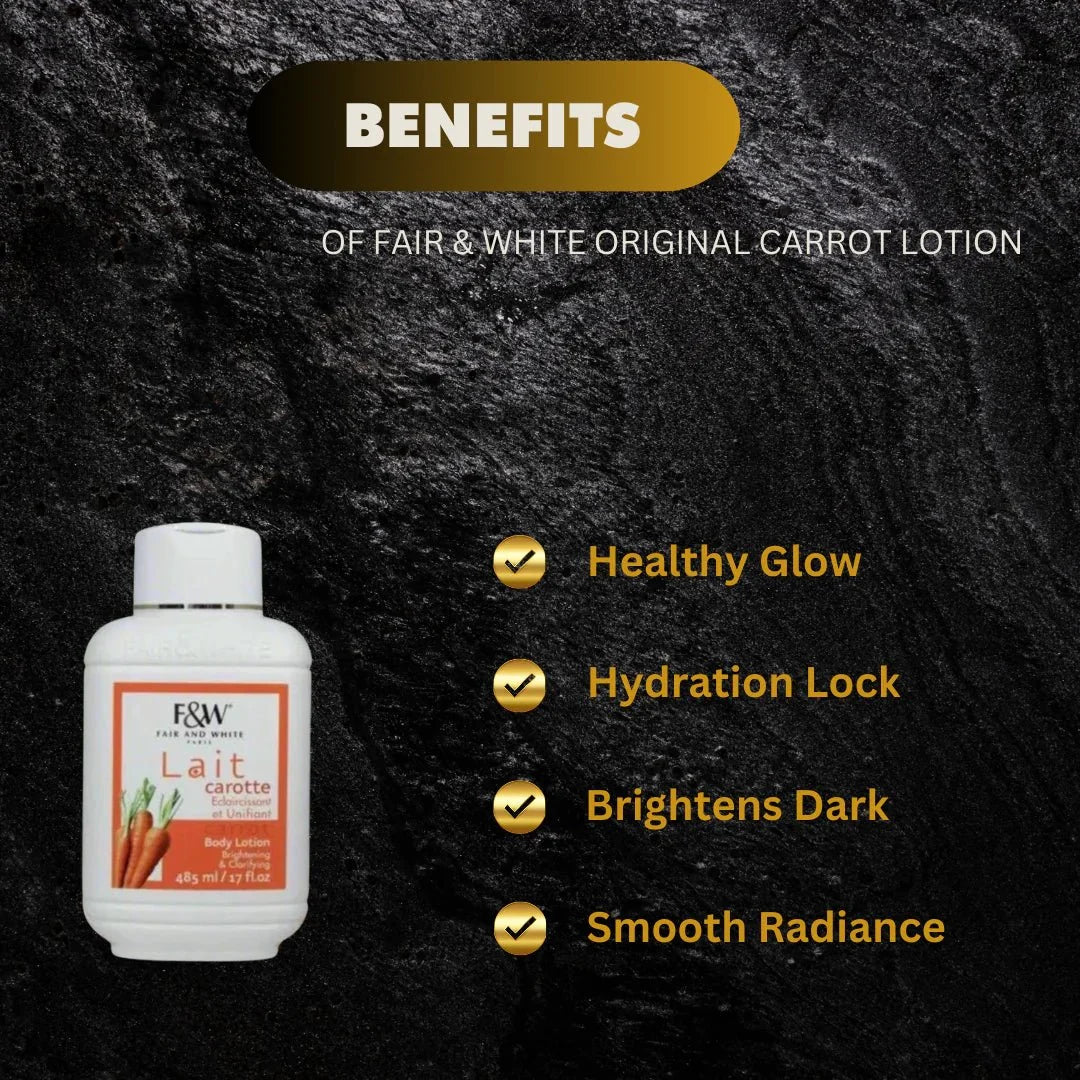 Fair & White Original Carrot Body Lotion 500 ml bottle with white label and orange cap, designed for skin brightening and hydration.