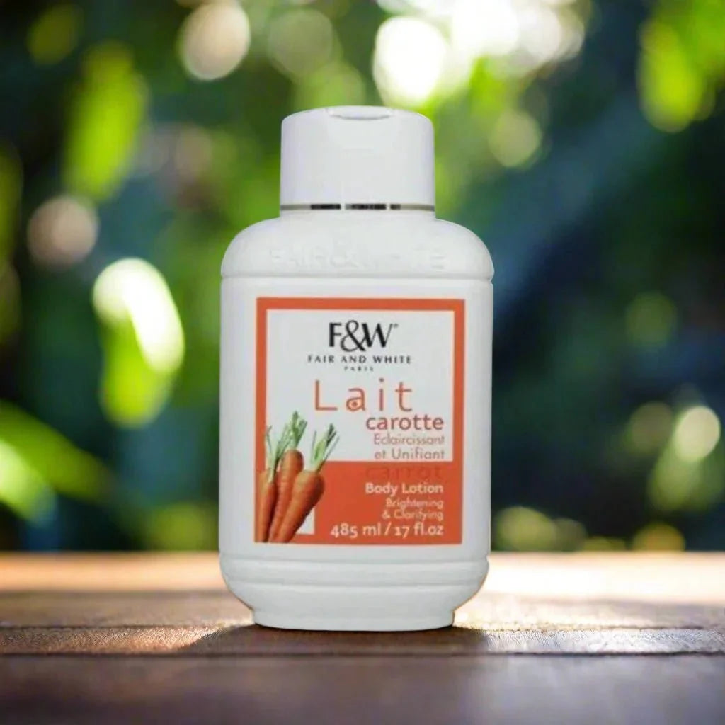Fair & White Original Carrot Body Lotion 500 ml bottle, smooth texture, and vibrant orange packaging.