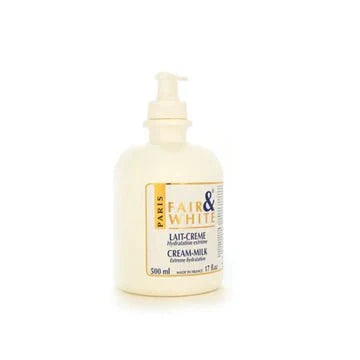 Fair & White Original Cream-Milk Body Lotion with pump, 500ml bottle, featuring smooth white cream for skin hydration.