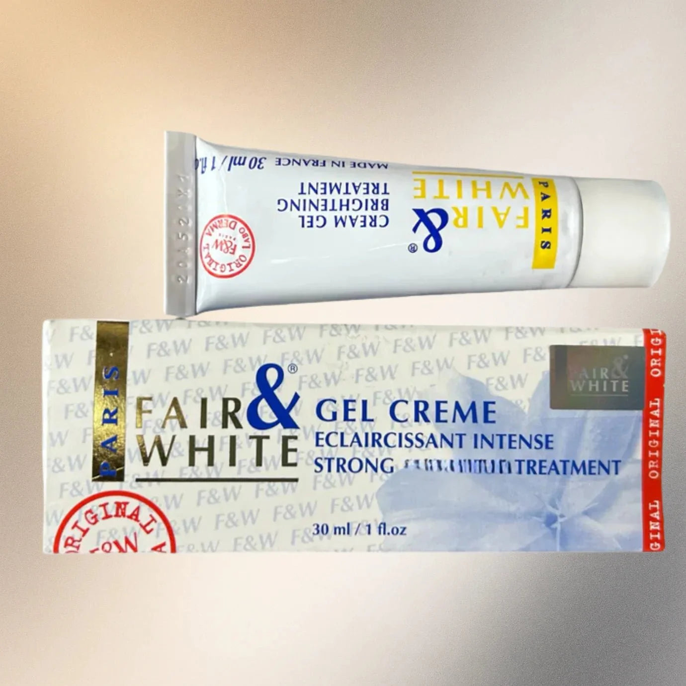Fair & White Original Gel Cream with Vitamin E in 1 oz jar, smooth, hydrating skincare product with white gel texture and vitamin E benefits.