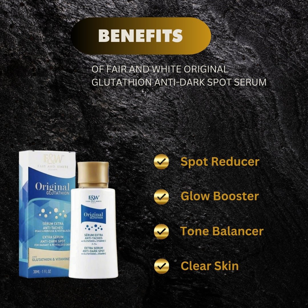 Fair & White Original Glutathione Face Serum with Vitamin C in a 30ml bottle, featuring clear liquid and pump dispenser.
