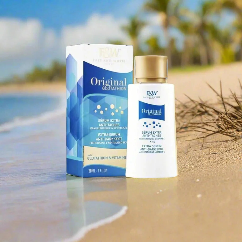 Fair & White Original Glutathione Face Serum with Vitamin C in a 30ml bottle, shown with the serum's sleek packaging.