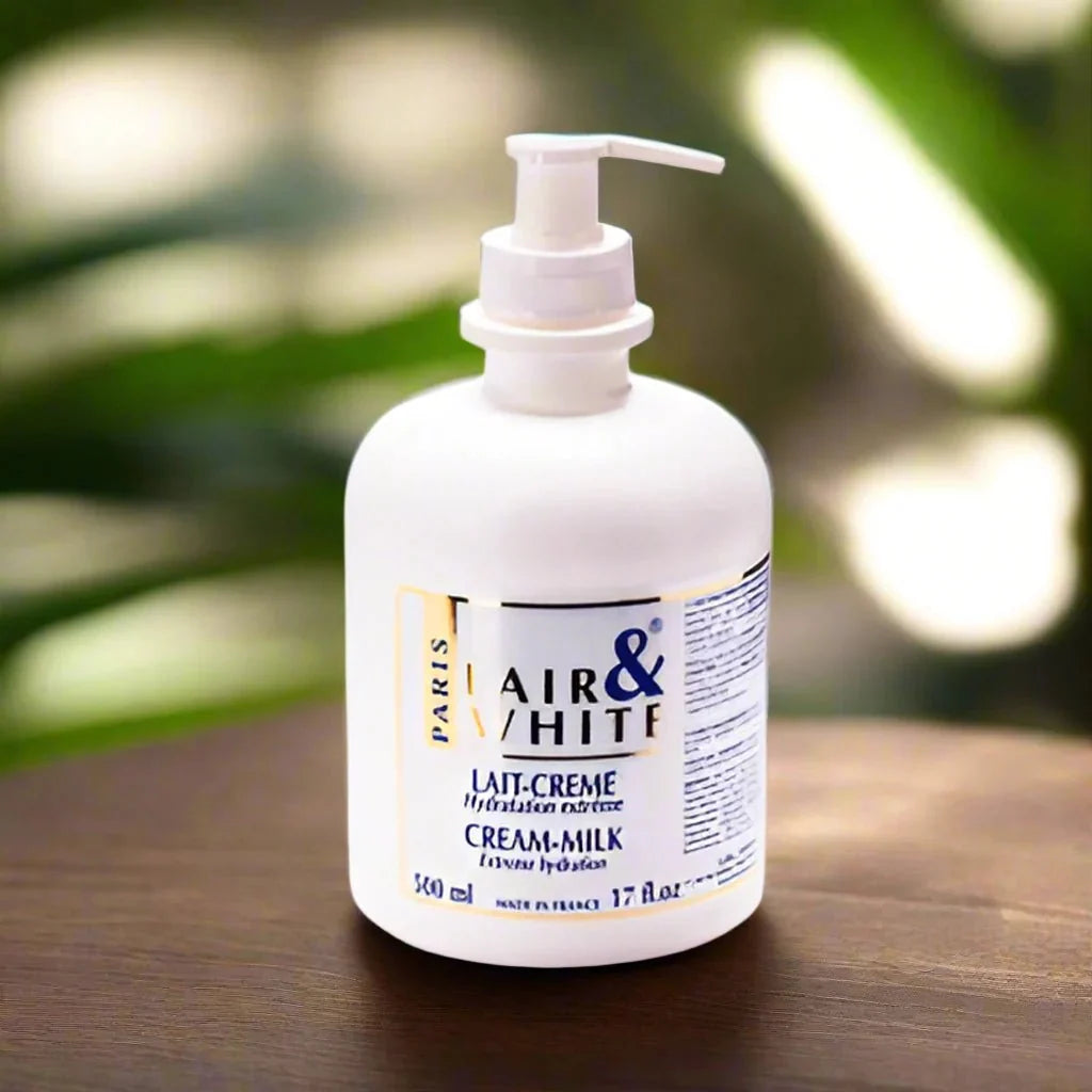 Fair & White Original Lait-Cream Milk Body Lotion in 500ml bottle, showing the lotion's smooth, creamy texture and packaging.