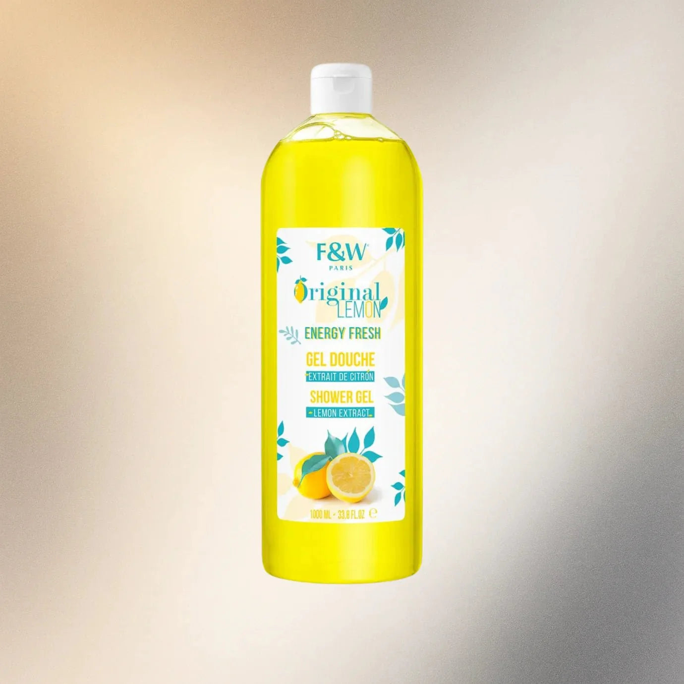 Fair & White Lemon Refresh Shower Gel 1000 ml bottle with lemon scent and clear packaging, highlighting the skin-refreshing formula.