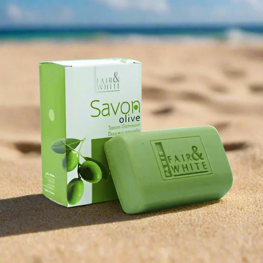 Fair & White Original Olive Soap with Olive Oil, 7 oz bar, showcasing creamy soap with olive oil for nourishing skin.