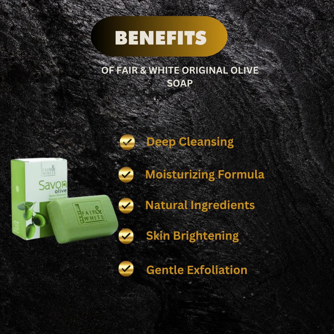 Fair & White Original Olive Soap with Olive Oil, 7 oz, showcasing a white soap bar infused with natural olive oil for skin nourishment.