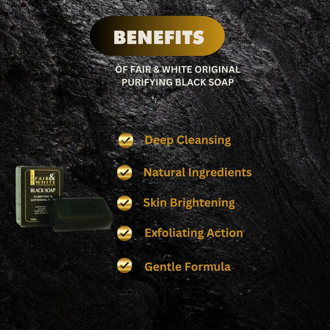Fair & White Original Purifying Black Soap 7 oz, dark bar soap with textured surface, for deep skin cleansing and purification.