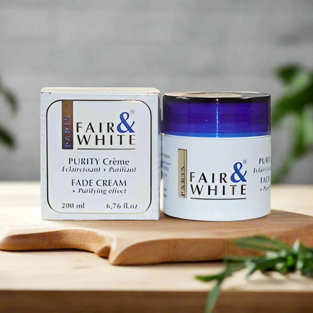 Fair & White Original Purity Cream 200ml jar showing the white cream inside and the product label on the container.