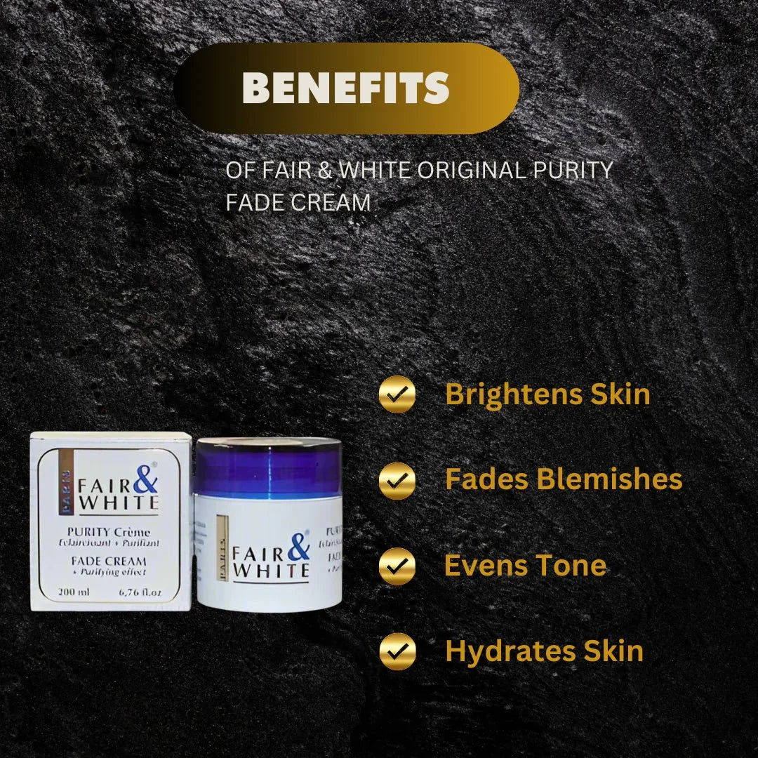 Fair & White Original Purity Cream 200ml jar with white lid, smooth cream visible inside, designed for skin brightening and moisturizing.