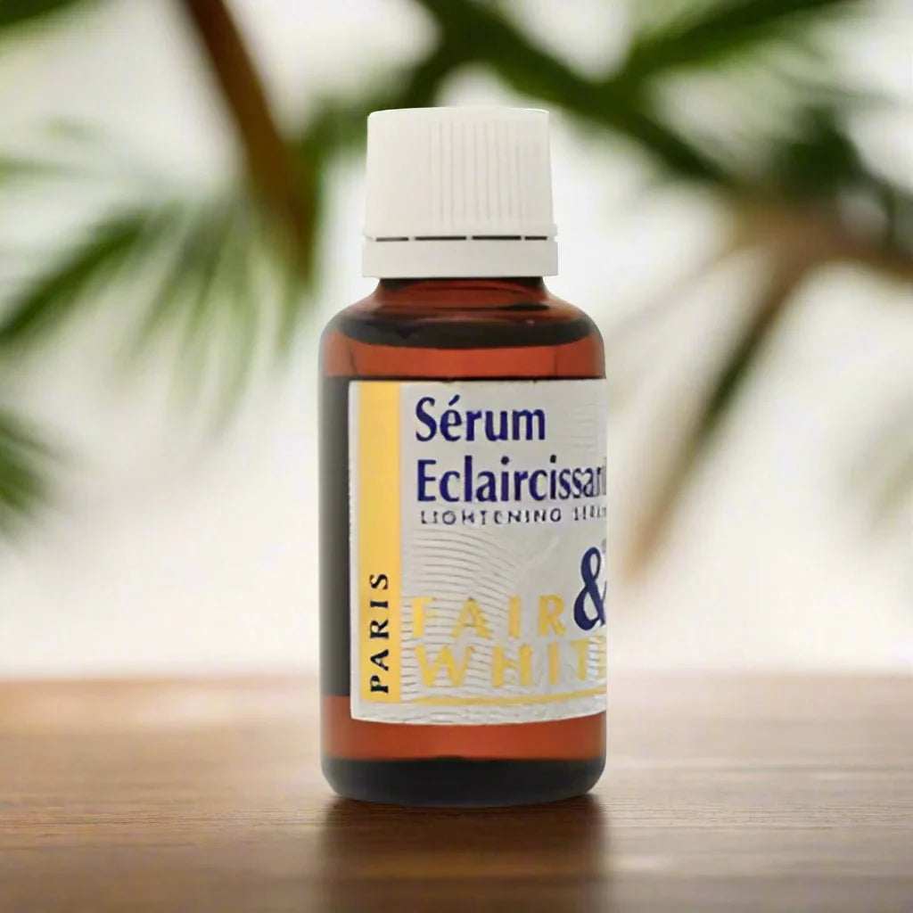 Fair & White Original Serum 30 ml bottle with clear label and white cap, shown on a plain background.