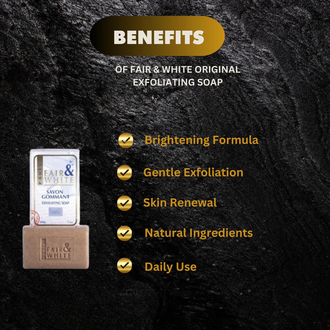 Fair & White Original Soap 7 oz bar with white packaging and product label, designed for skin cleansing and brightening.