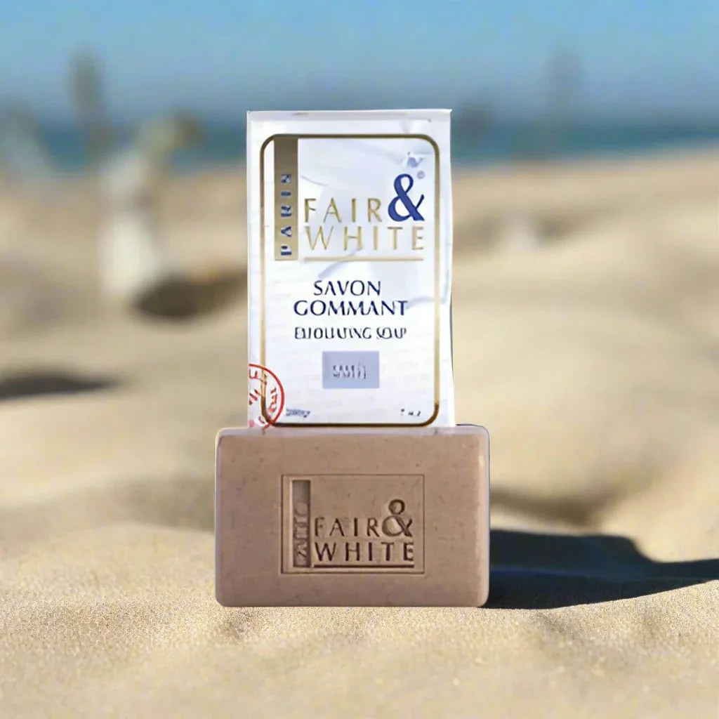 Fair & White Original Soap 7 oz bar with creamy white texture and packaging, ideal for skin brightening and cleansing.