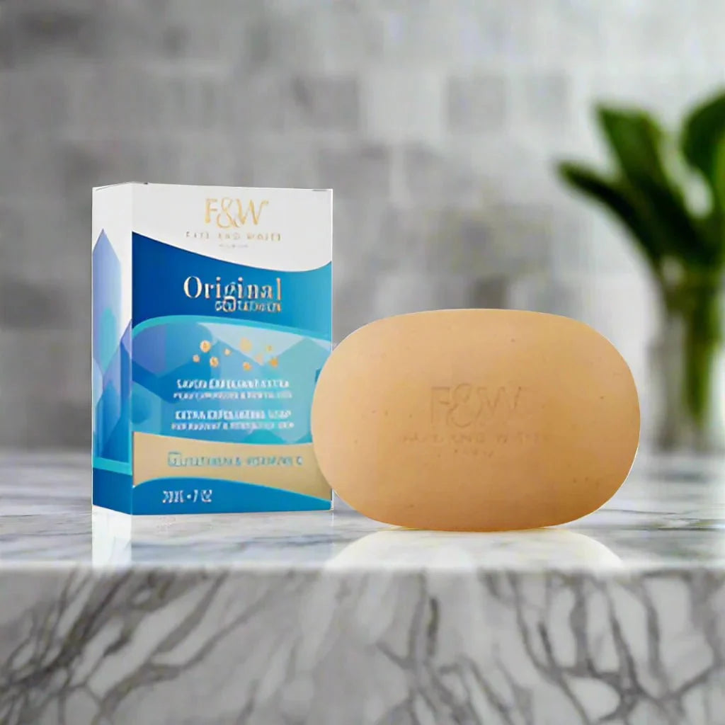 Fair & White Original Soap with Vitamin C, 200g, featuring creamy texture and brightening ingredients for skin care.