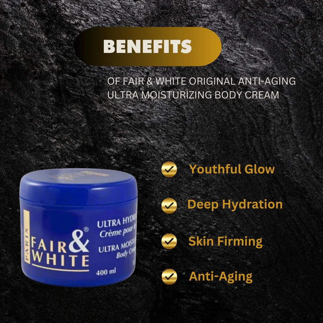 Fair & White Original Ultra Moisturizing Body Cream 400ml jar with smooth, white cream inside.