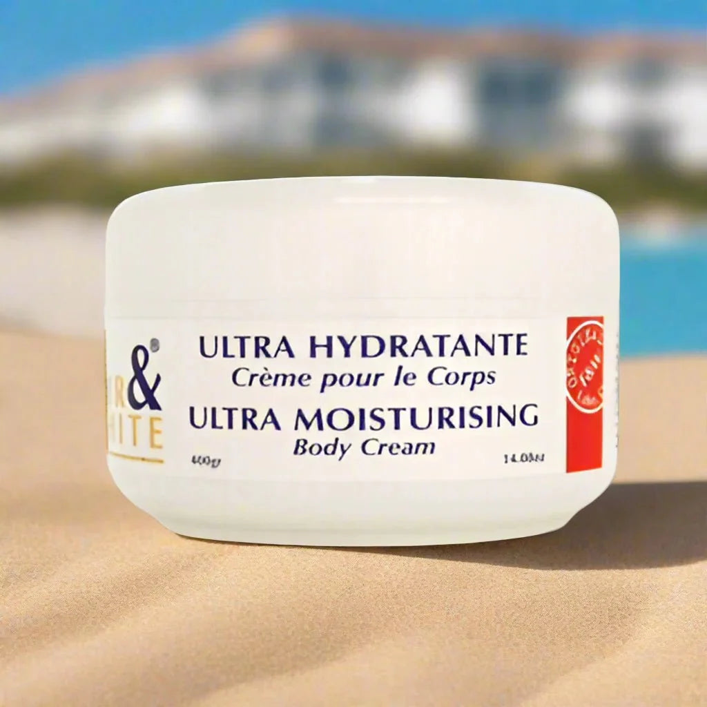Fair & White Original Ultra Moisturizing Body Cream in 400ml jar with light-colored packaging and product label visible.
