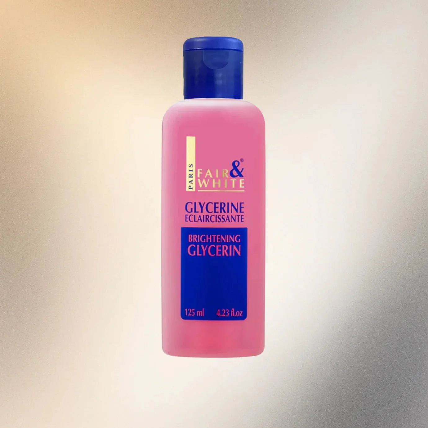 Fair & White Pure Glycerin Moisturizing Liquid in a 4.23 oz bottle, showing clear, colorless glycerin liquid inside the container.