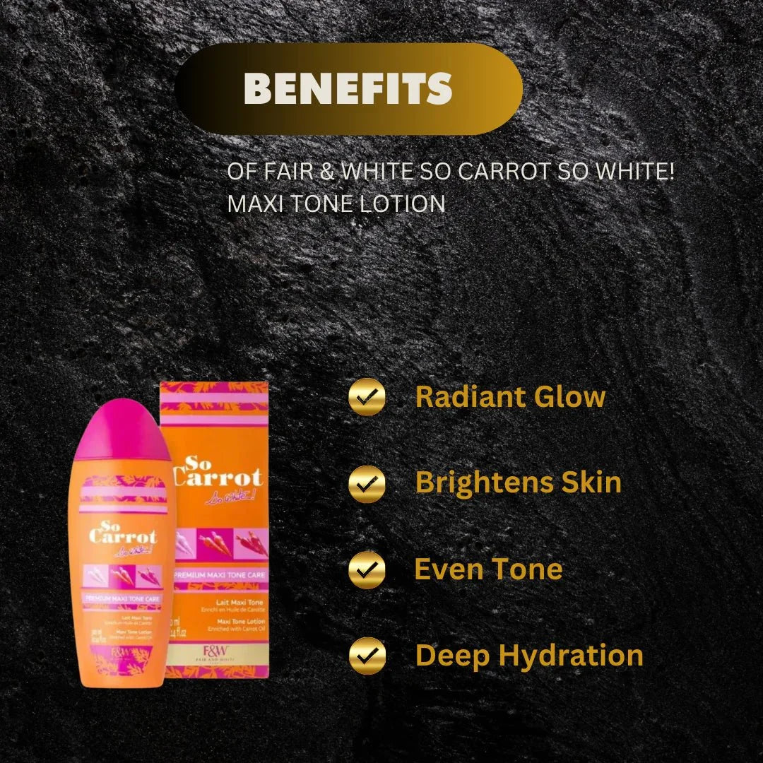Fair & White So Carrot Maxi Tone Body Lotion with carrot oil in a 300ml bottle, featuring a smooth, creamy texture for skin brightening.
