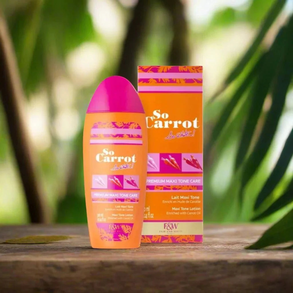 Fair & White So Carrot Maxi Tone Body Lotion with Carrot Oil, 300ml, shown in a white bottle with a pump dispenser.