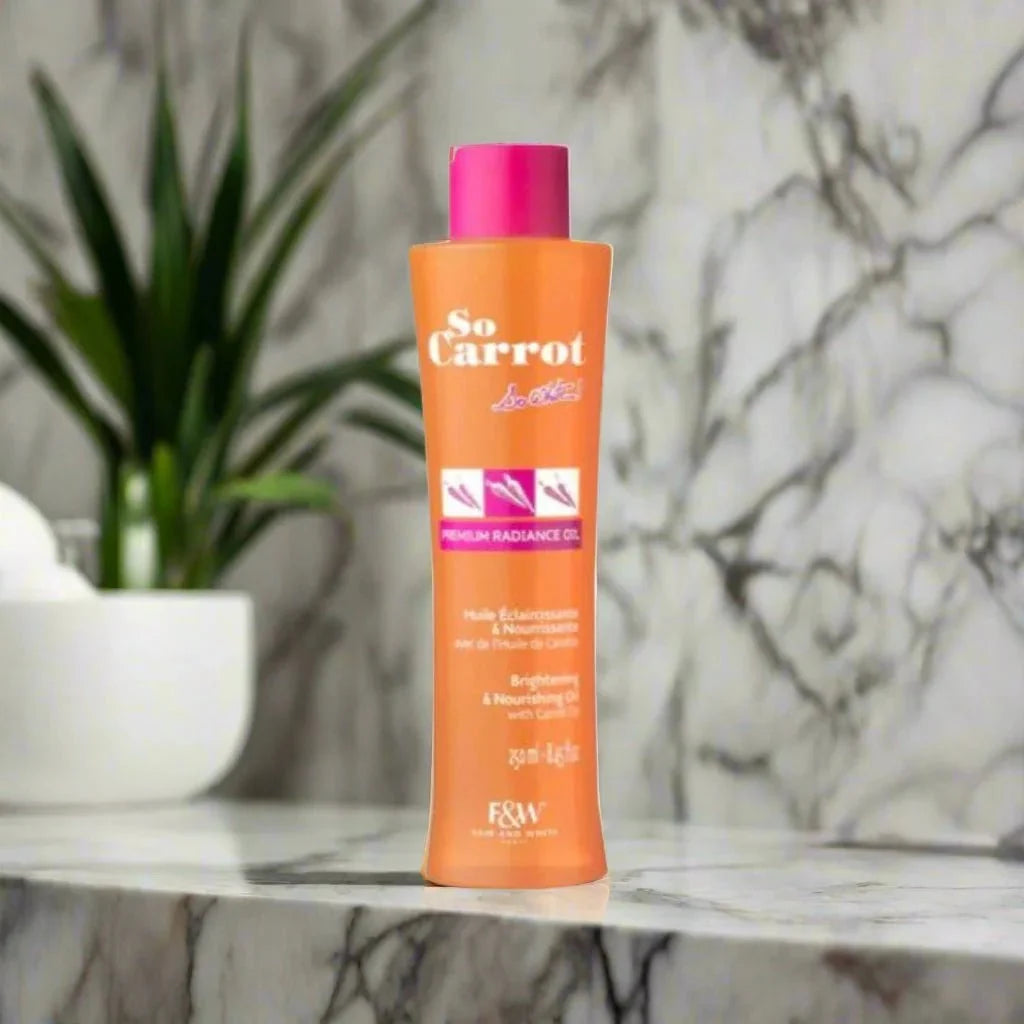 Fair & White So Carrot Nourishing Body Oil with carrot oil, 8.45 oz, featuring a sleek bottle and vibrant orange branding.