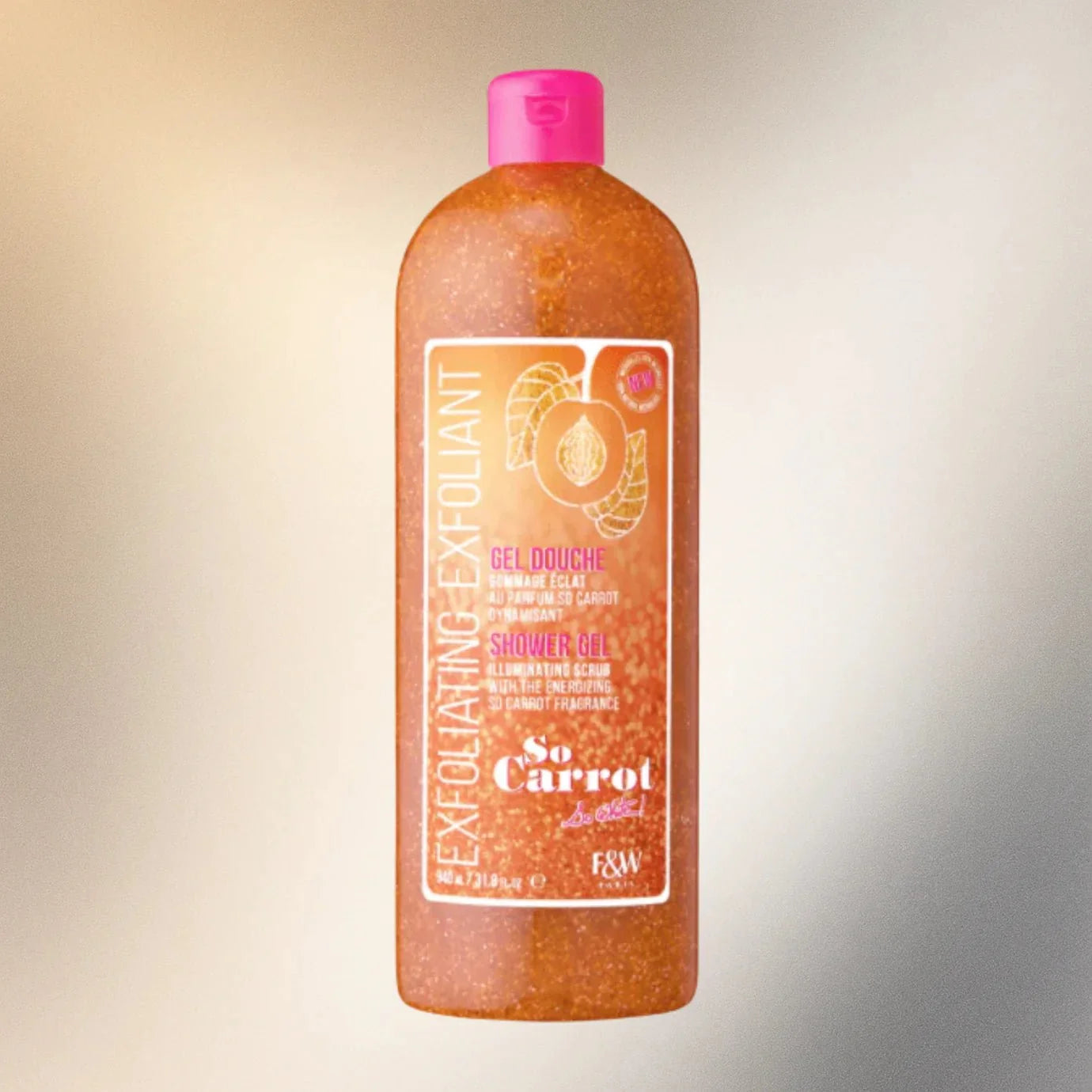 Fair & White So Carrot Shower Gel 940ml with smooth, nourishing formula for soft, refreshed skin in a clear, pump bottle.