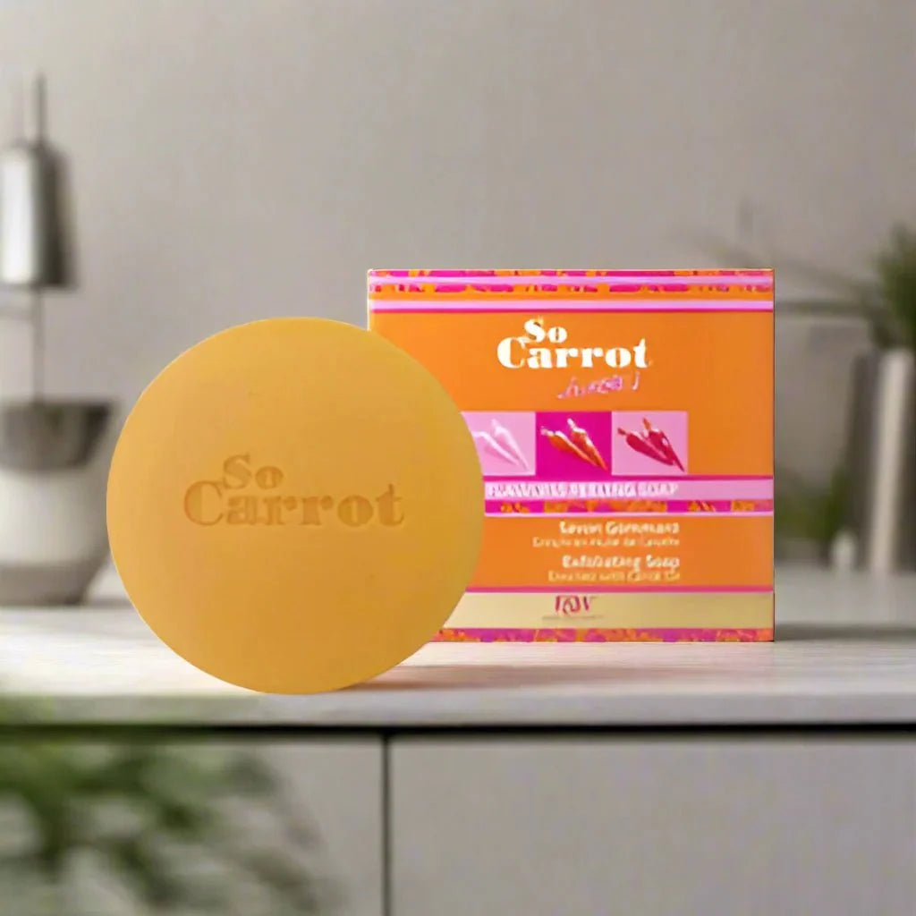 Fair & White So Carrot Soap with Carrot Oil in 7 oz, showing the soap bar with carrots and natural ingredients on the packaging