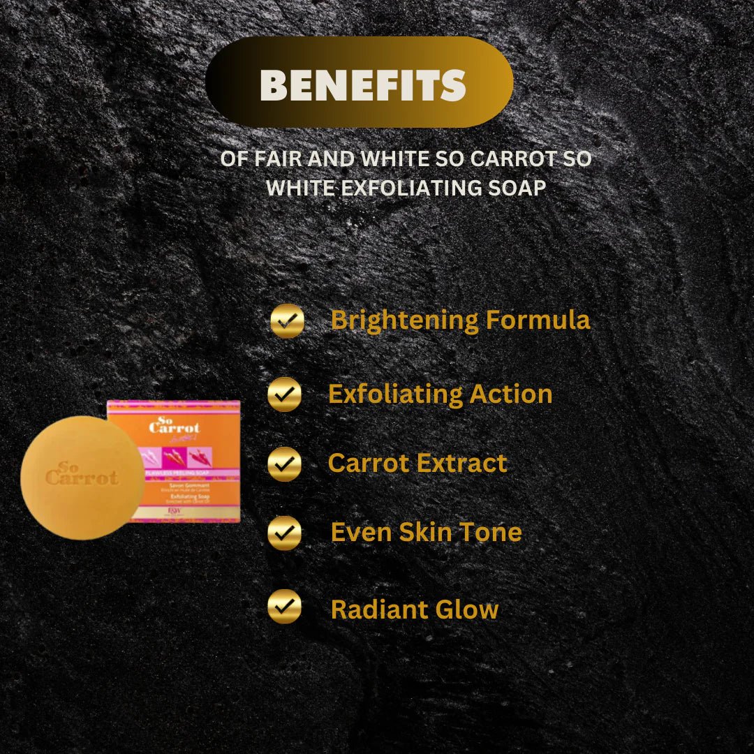 Fair & White So Carrot Soap with Carrot Oil in 7 oz, showing the soap bar with carrot imagery and branding details.