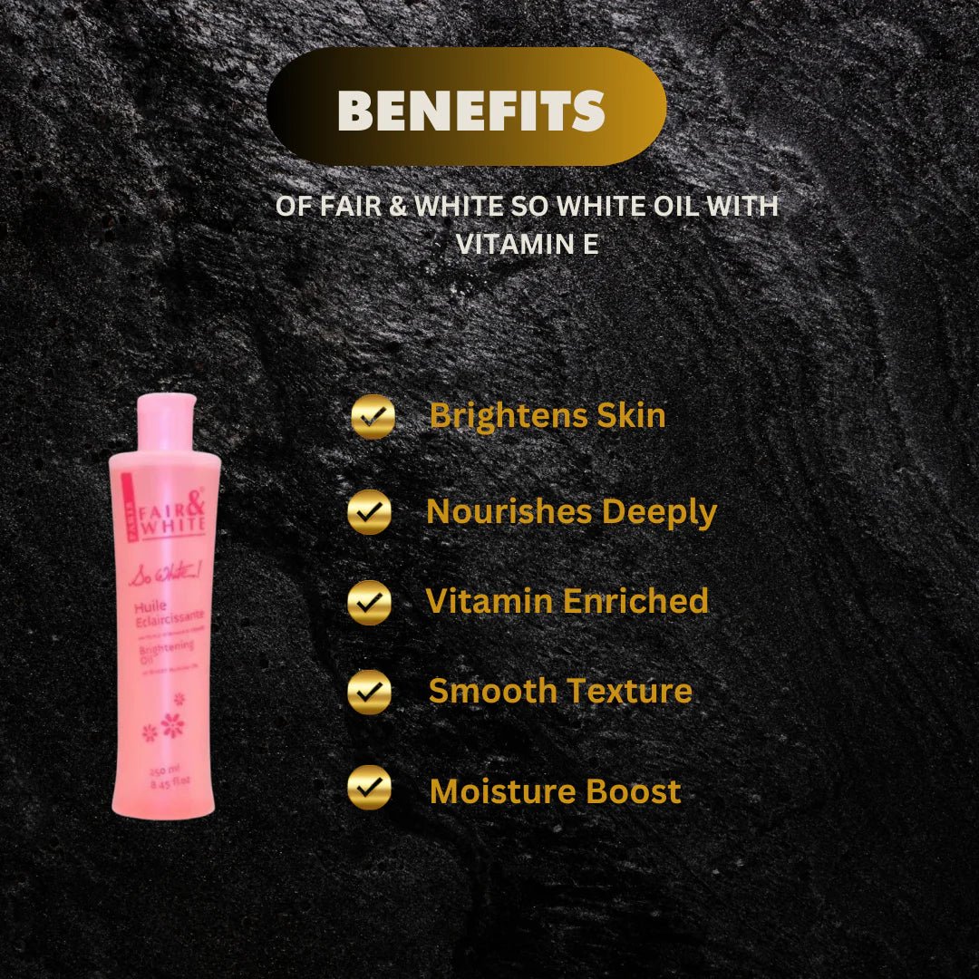 Fair & White So White Body Oil with Sweet Almond and Vitamin E in a 8.45 oz bottle, showing a clear, golden-colored oil.