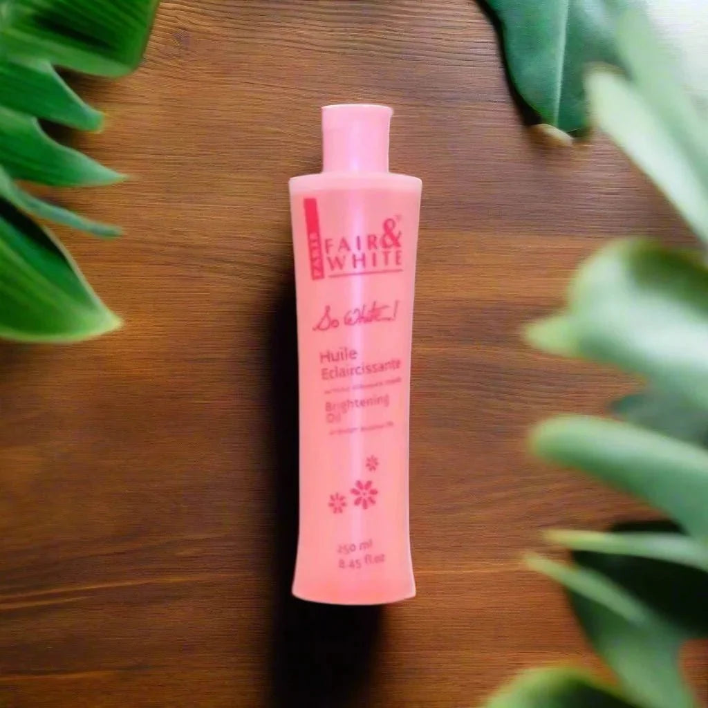 Fair & White So White Body Oil with sweet almond and vitamin E, 8.45 oz bottle showing smooth, moisturizing oil for skin care.