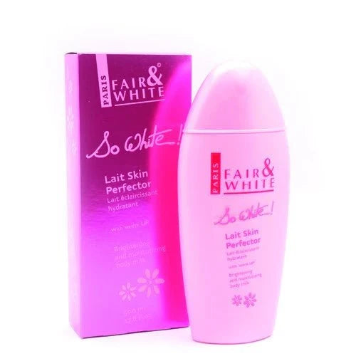 Fair & White So White Moisturizing Body Milk 500ml bottle with white and gold packaging and pump dispenser.