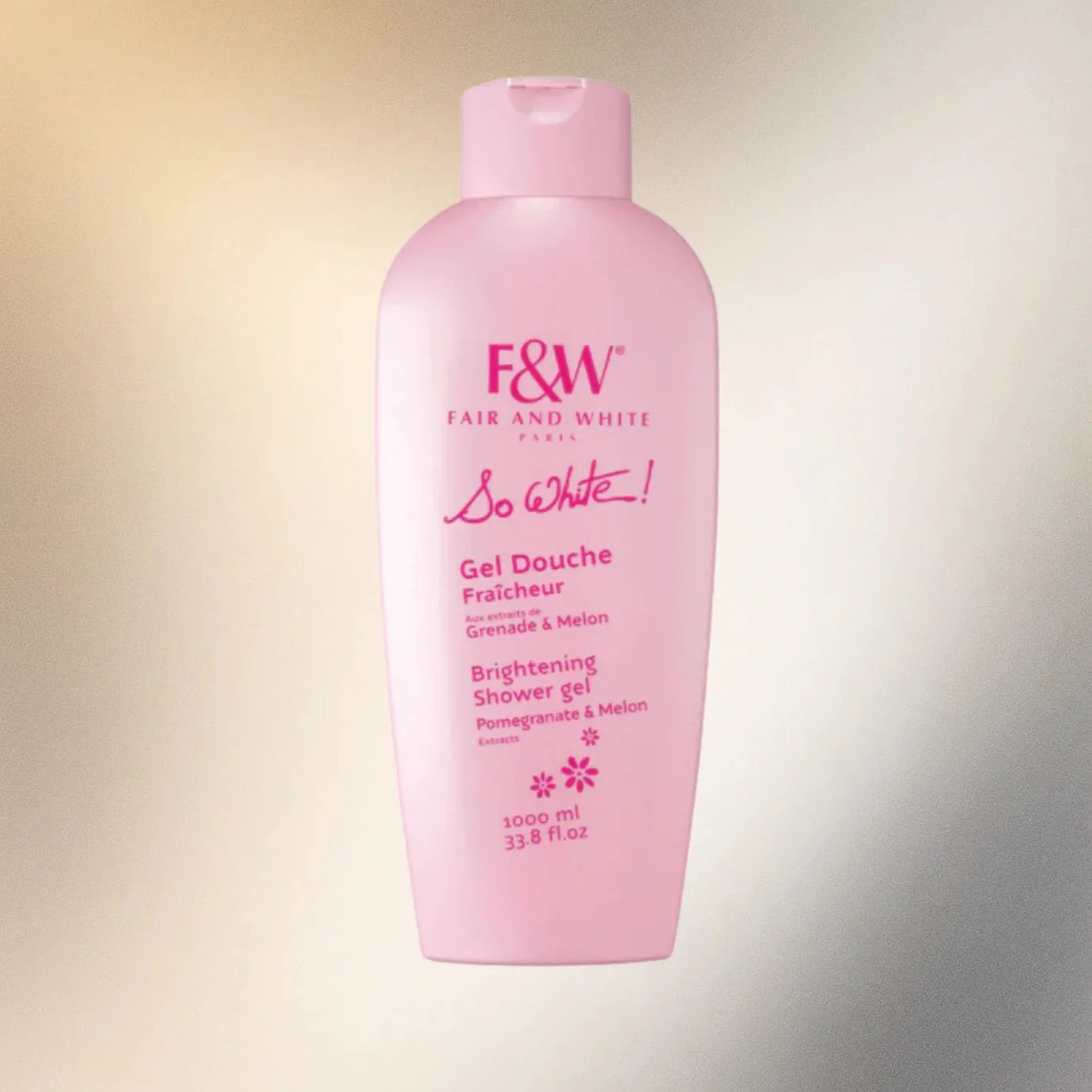 Fair & White So White Refreshing Shower Gel with melon and pomegranate, 33.8 oz, showing the gel and fruit ingredients