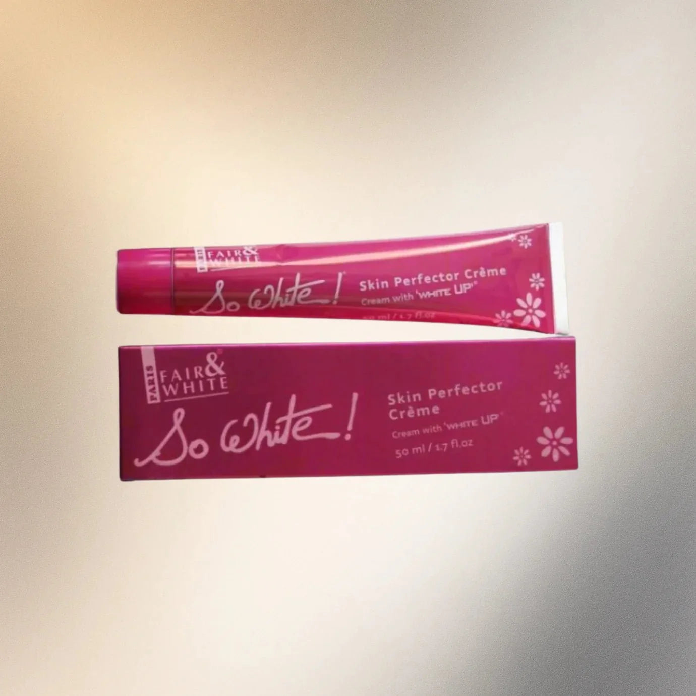 Fair & White So White Skin Perfector Cream in 1.7 oz jar, smooth texture and brightening formula for even skin tone