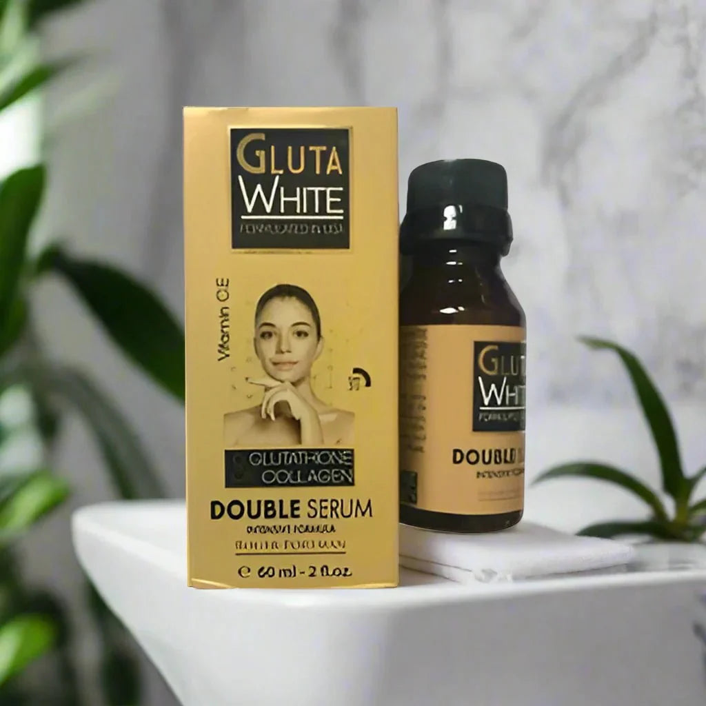 Gluta White Double Serum with Glutathione and Collagen in a 2 fl oz bottle, promoting brightening and skin rejuvenation.