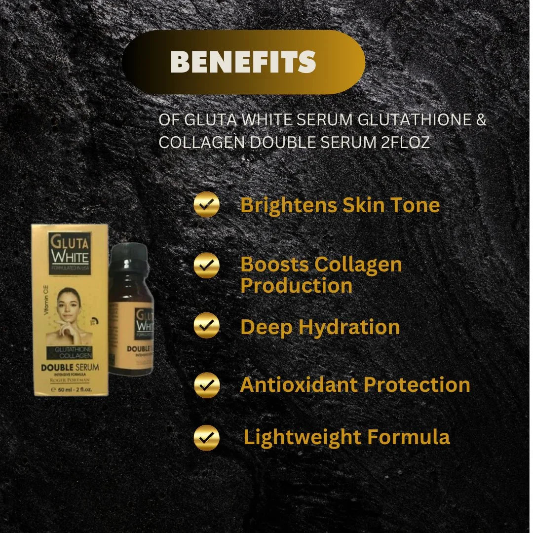 Gluta White Double Serum with Glutathione and Collagen in a 2 fl oz bottle, showing the clear serum inside the container.