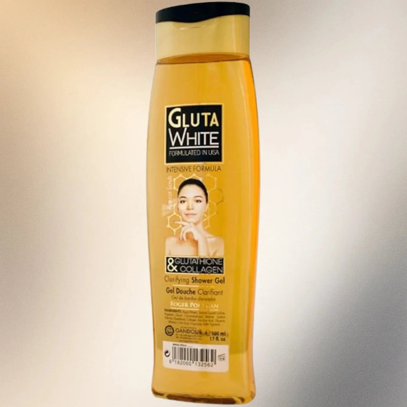 Gluta White Glutathione & Collagen Shower Gel 500ml bottle with white and purple packaging, smooth gel texture visible.