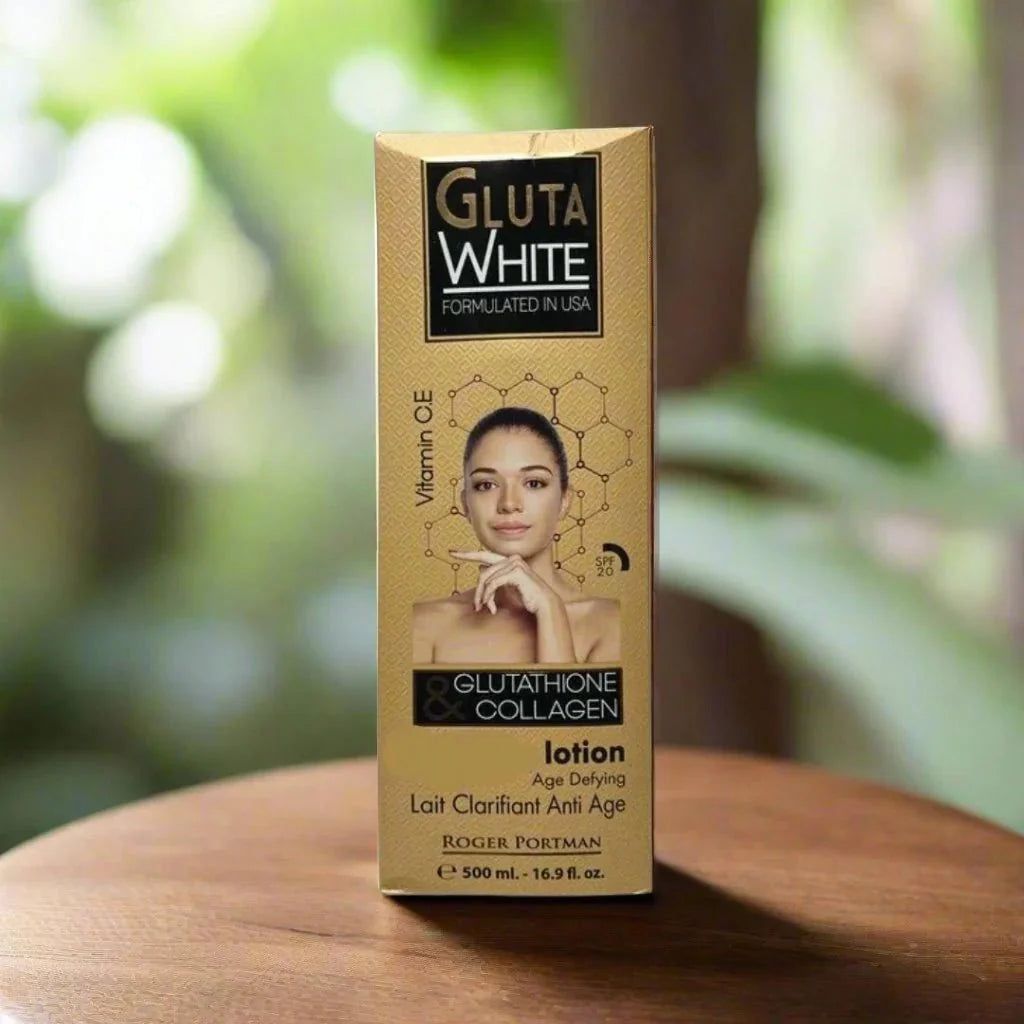 Gluta White Lotion with Glutathione 500ml bottle, moisturizing skincare product for brightening and skin health.