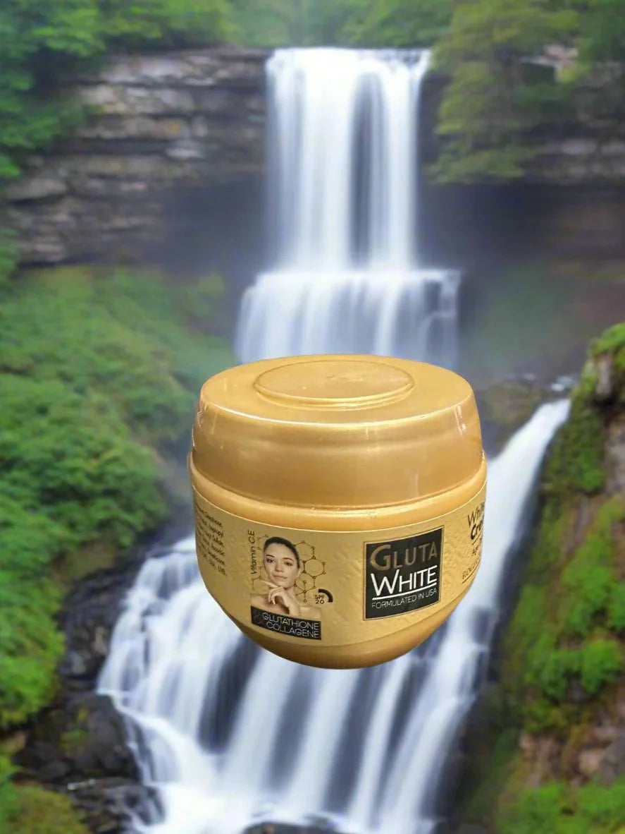 Gluta White Nourishing Cream with glutathione and collagen in a 125ml jar, smooth cream texture visible in the image.