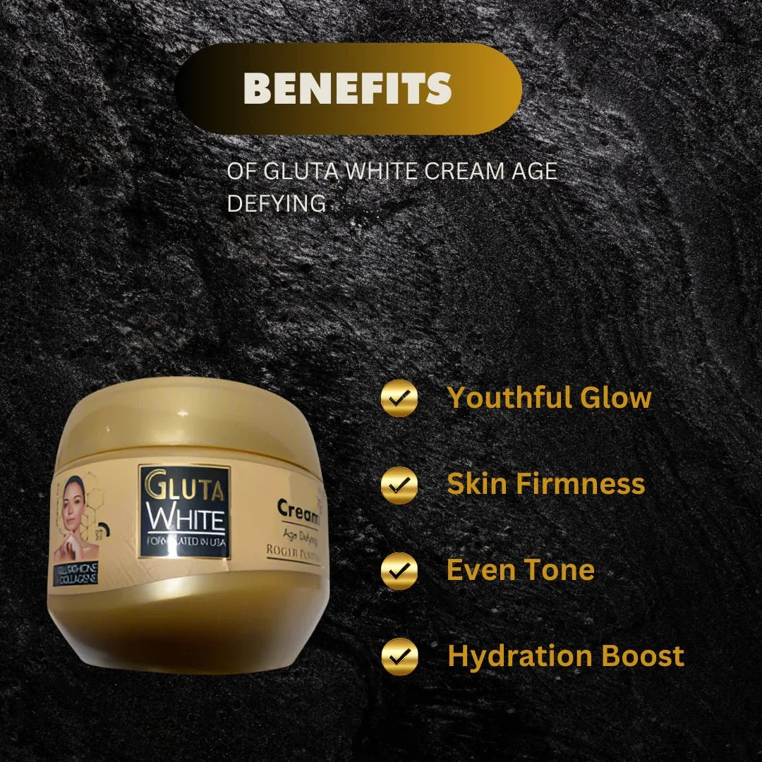 Gluta White Nourishing Cream with Glutathione and Collagen in 275ml jar, featuring a soft, white cream texture and a sleek container.