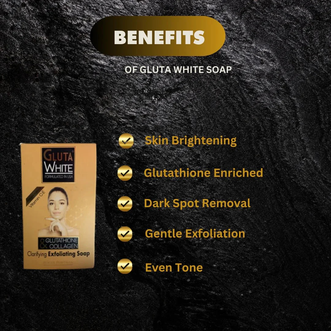 Bar of Gluta White Soap with Glutathione and Collagen, 7 oz, showcasing the soap's smooth, white surface and packaging.